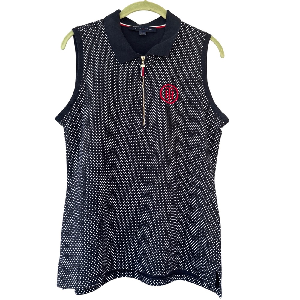 Tommy‎ Hilfiger Golf Sleeveless Polo Shirt Navy Blue White Polka Dot